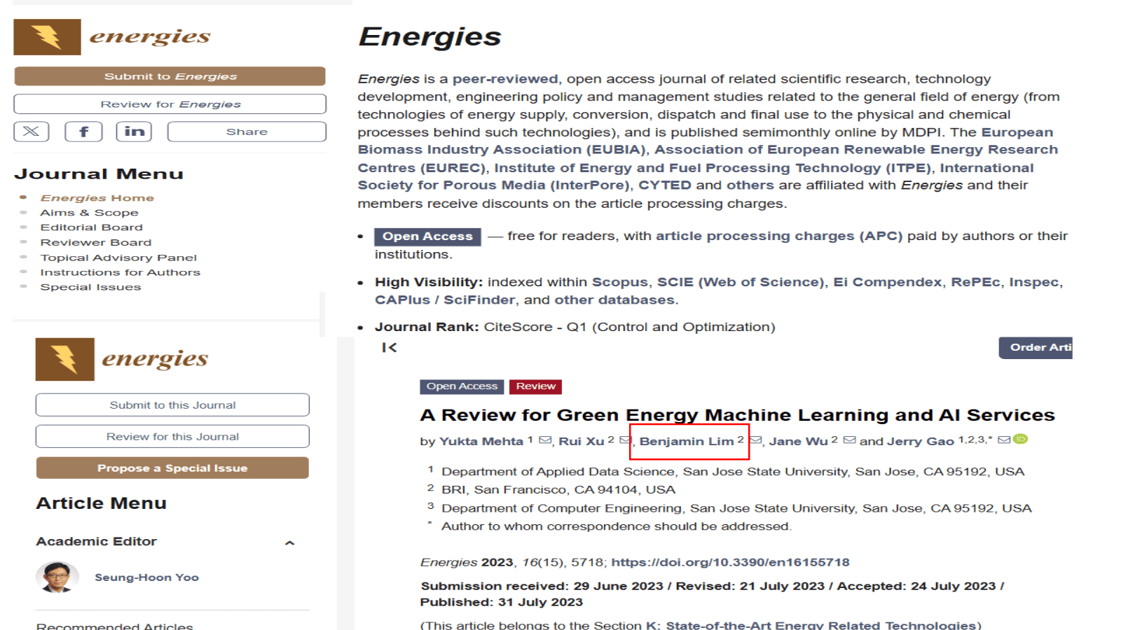 Energies journal article reviewing green energy machine learning services