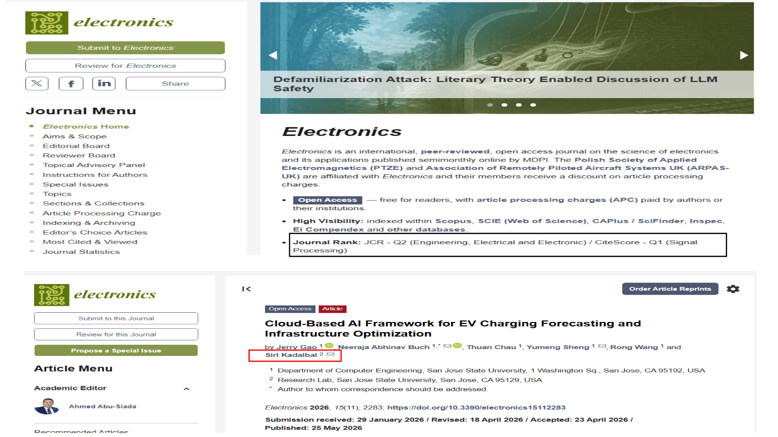 Electronics journal article on EV charging forecasting