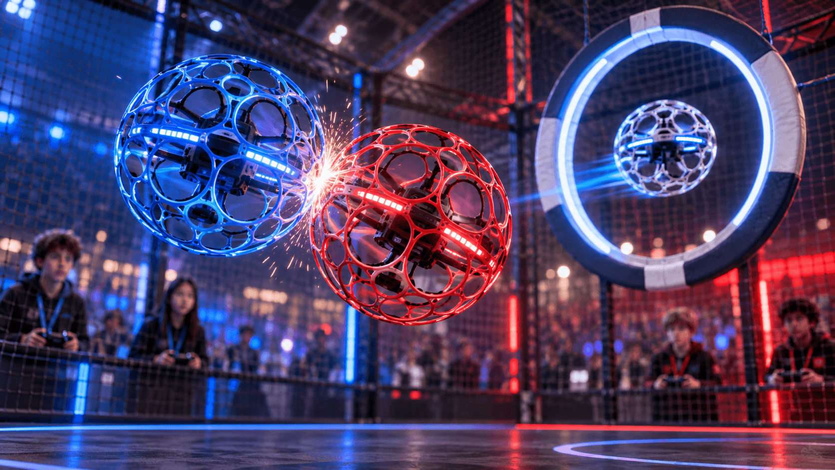 Drone soccer aerial action inside a netted arena
